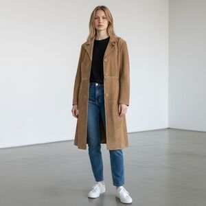 Vtg Brandon Thomas Tan Leather Suede Gold Embroidery Stitching Long Jacket SZ M